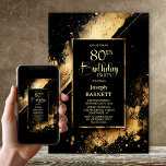 Invitation Black and Gold 80th Birthday Party<br><div class="desc">Invitation vos amis et les proches à votre 80e anniversaire avec cette invitation moderne de fête d'anniversaire noir et or. La zone de texte personnalisable de ce modèle d'invitation vous permet d'inclure sans effort tous les détails nécessaires à votre fête d'anniversaire, y compris la date, l'heure, le lieu et les...</div>