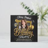 Invitation Black and Gold Anniversaire Fête Femme Photo (Debout devant)