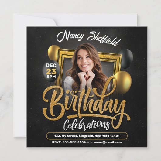 Invitation Black and Gold Anniversaire Fête Femme Photo (Devant)