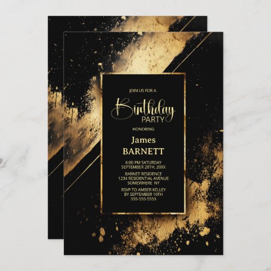 Invitation Black and Gold Any Age Birthday Party (Devant / Derrière)