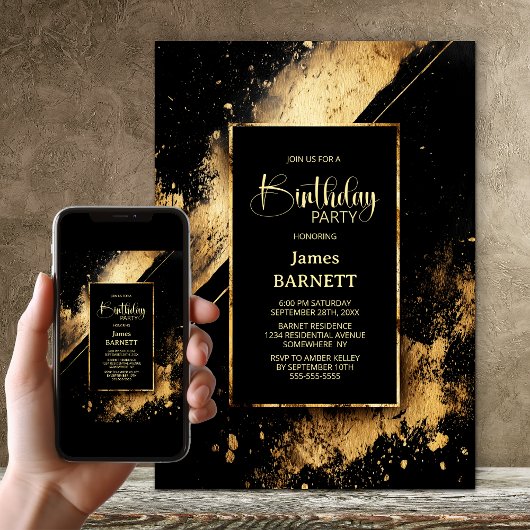 Invitation Black and Gold Any Age Birthday Party