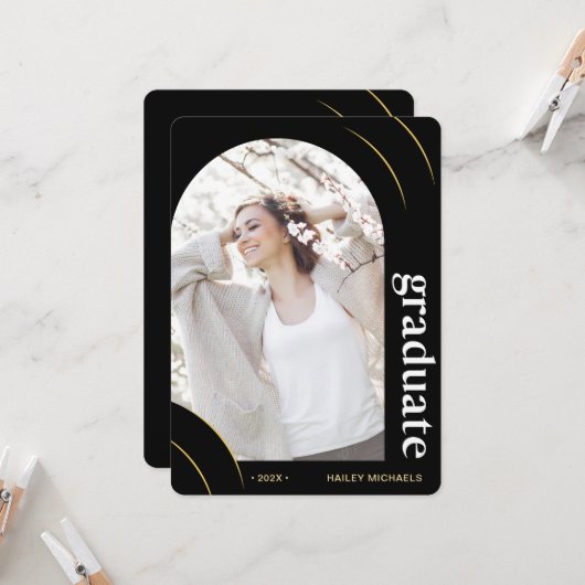 Invitation Black and Gold Arch Photo Graduation Party (Devant/Arrière en situation)