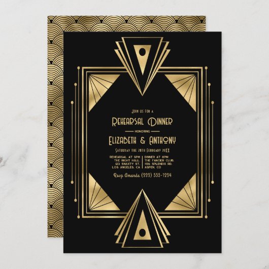 Invitation Black and Gold Art Deco Gold Rehearsal Dinner (Devant / Derrière)