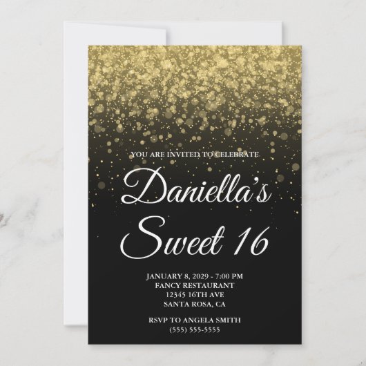 Invitation Black and Gold Bokeh Confetti Sweet 16 (Devant)