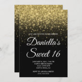 Invitation Black and Gold Bokeh Confetti Sweet 16 (Devant / Derrière)