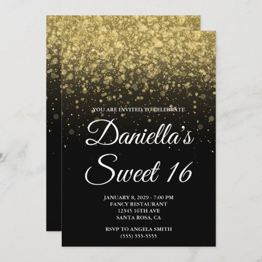Invitation Black and Gold Bokeh Confetti Sweet 16 (Devant / Derrière)