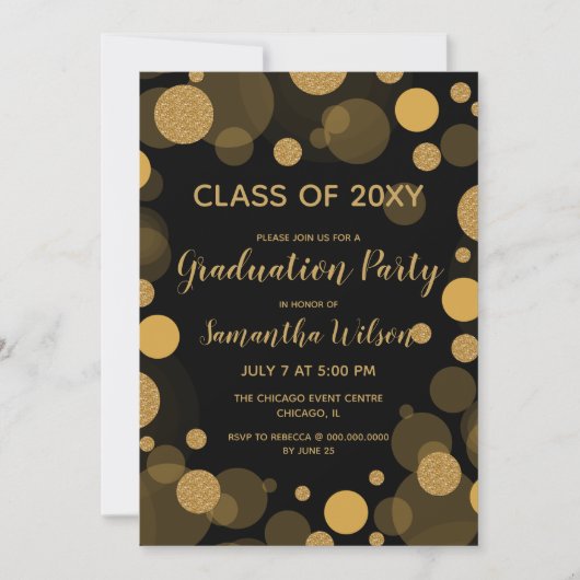 Invitation Black and Gold Bokeh Lights Graduation Party (Devant)