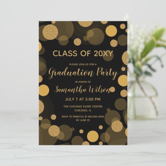 Invitation Black and Gold Bokeh Lights Graduation Party (Debout devant)
