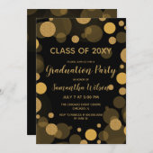 Invitation Black and Gold Bokeh Lights Graduation Party (Devant / Derrière)