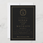Invitation Black and gold botanical crest monogram wedding (Devant)