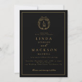 Invitation Black and gold botanical crest monogram wedding (Devant)