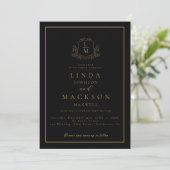 Invitation Black and gold botanical crest monogram wedding (Debout devant)