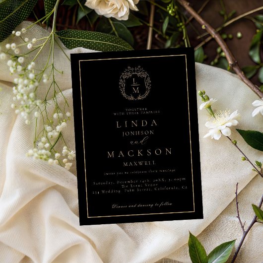Invitation Black and gold botanical crest monogram wedding