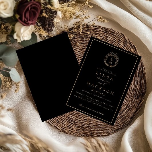 Invitation Black and gold botanical crest monogram wedding
