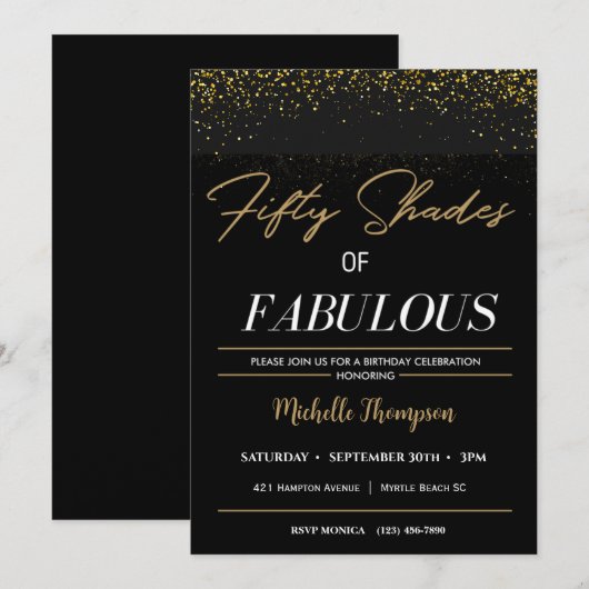 Invitation Black and Gold Cinty Shades Fabulous Anniversday (Devant / Derrière)