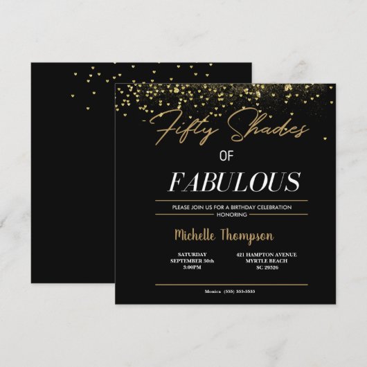 Invitation Black and Gold Cinty Shades Fabulous Anniversday (Devant / Derrière)