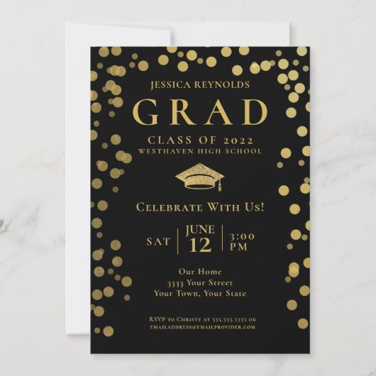 Invitation Black and Gold Confetti Photo Graduation Party (Devant)