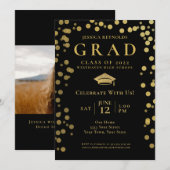 Invitation Black and Gold Confetti Photo Graduation Party (Devant / Derrière)