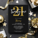 Invitation Black and Gold Elegant 21e anniversaire moderne<br><div class="desc">Une simple invitation moderne 21ème anniversaire avec une élégante typographie de script de calligraphie et un design minimaliste en noir et or.</div>