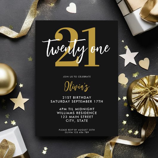 Invitation Black and Gold Elegant 21e anniversaire moderne