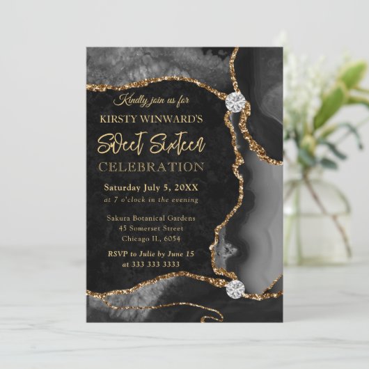 Invitation Black and Gold Faux Parties scintillant Agate Swee (Debout devant)
