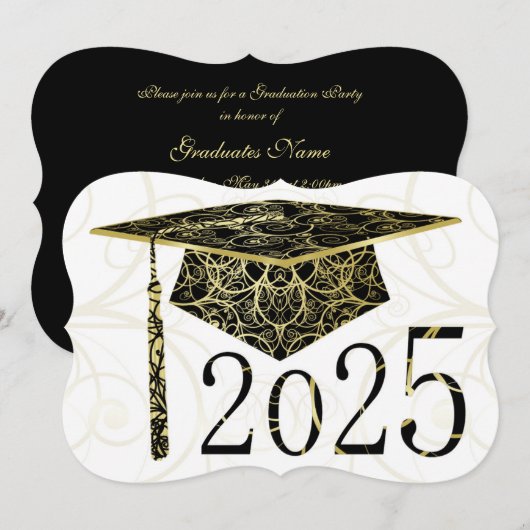 Invitation Black and Gold Floral Casquette 2025 Graduation Pa (Devant / Derrière)