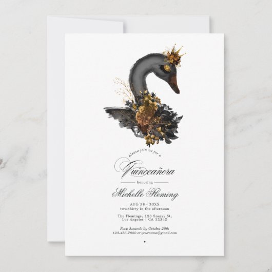 Invitation Black and Gold Floral Swan Quinceañera Photo (Devant)