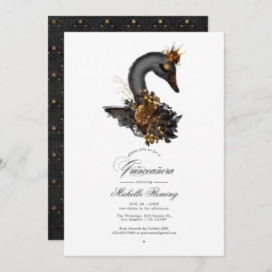 Invitation Black and Gold Floral Swan Quinceañera Photo (Devant / Derrière)