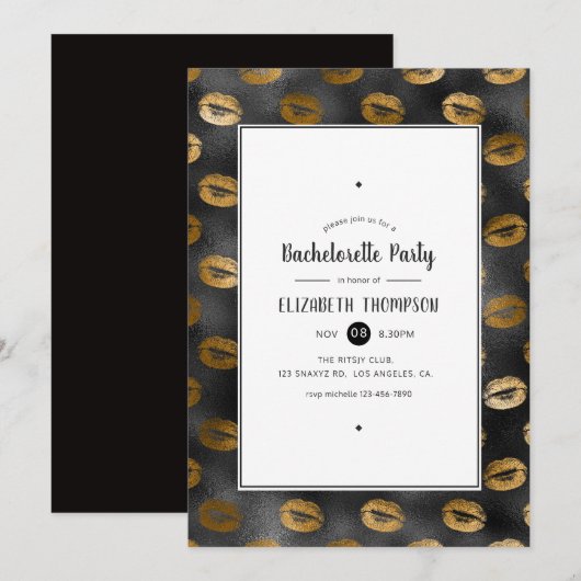Invitation Black and Gold Glam Lips Bachelorette Party (Devant / Derrière)