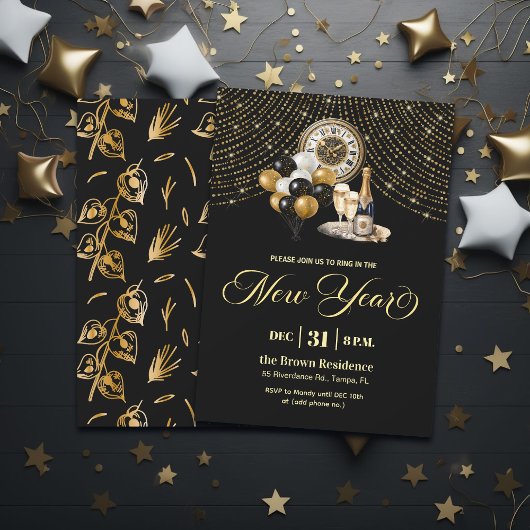 Invitation Black and Gold Glitter New Year's Eve Party 