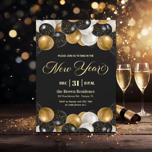 Invitation Black and Gold Glitter New Year's Eve Party 