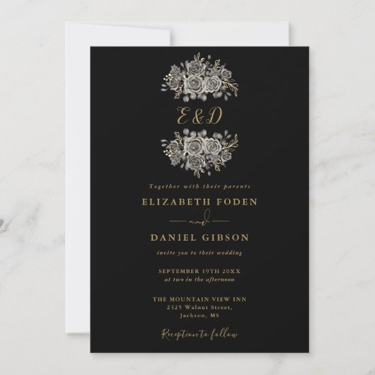 Invitation Black And Gold Gothic Floral Monogram Wedding (Devant)