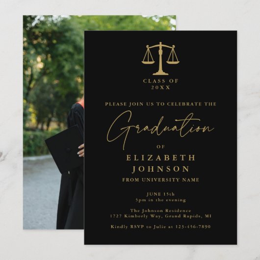 Invitation Black And Gold Law School Photo Graduation Party (Devant / Derrière)