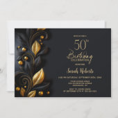 Invitation Black and Gold Leaves 50th Birthday Party (Devant)