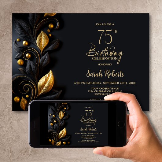 Invitation Black and Gold Leaves 75th Birthday Party