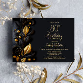 Invitation Black and Gold Leaves 80th Birthday Party