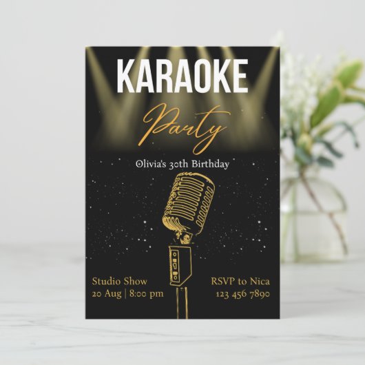 Invitation Black and Gold Modern Karaoke fête d'anniversaire (Debout devant)