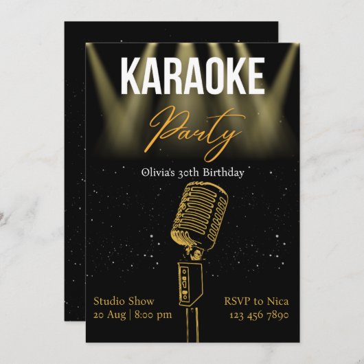 Invitation Black and Gold Modern Karaoke fête d'anniversaire (Devant / Derrière)