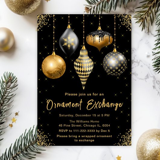 Invitation Black and Gold Ornament Exchange Party