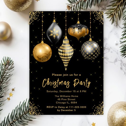 Invitation Black and Gold Ornaments Christmas Party