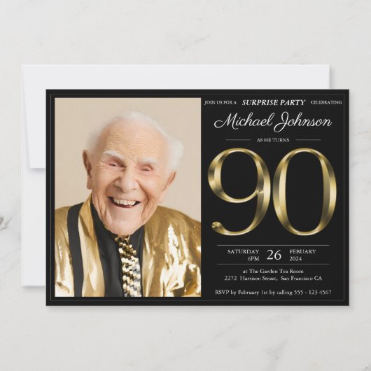 Invitation Black and Gold Photo 90th Birthday Surprise Party (Devant)