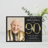 Invitation Black and Gold Photo 90th Birthday Surprise Party (Debout devant)