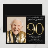 Invitation Black and Gold Photo 90th Birthday Surprise Party (Devant / Derrière)