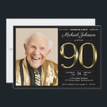 Invitation Black and Gold Photo 90th Birthday Surprise Party<br><div class="desc">Black and Gold Photo 90th Birthday Surprise Party Invitation. Préparez-vous à une surprise exquise avec notre Elegant Navy Blue et Gold jalon d'invitation d'anniversaire. La combinaison classique du bleu marine et de l'or donne le ton d'une fête qui s'écoule dans le raffinement. La simplicité du design ajoute un air d'élégance...</div>