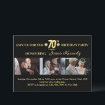 Invitation Black and Gold Photo Collage 70th Birthday Party<br><div class="desc">Invitations amis et famille pour fêter un 70e anniversaire spécial avec cette invitation sophistiquée en noir et or photo. Conçue pour correspondre à un thème de jalon intemporel, cette carte comporte trois emplacements photo personnalisés, une typographie en or gras et un texte modifiable pour honorer votre être aimé dans le...</div>