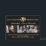 Invitation Black and Gold Photo Collage 70th Birthday Party<br><div class="desc">Invitations amis et famille pour fêter un 70e anniversaire spécial avec cette invitation sophistiquée en noir et or photo. Conçue pour correspondre à un thème de jalon intemporel, cette carte comporte trois emplacements photo personnalisés, une typographie en or gras et un texte modifiable pour honorer votre être aimé dans le...</div>