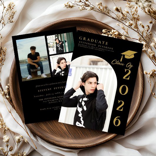 Invitation Black  and Gold Photo Graduation