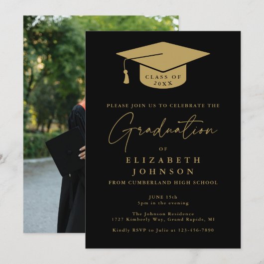 Invitation Black And Gold Photo Graduation Party (Devant / Derrière)