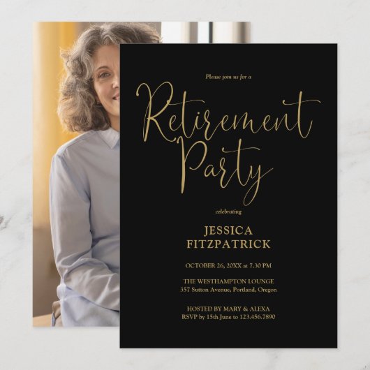 Invitation Black And Gold Script Photo Retirement Party (Devant / Derrière)