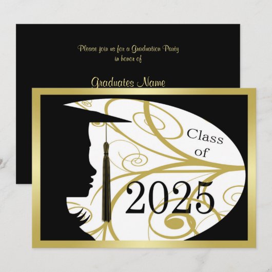 Invitation Black and Gold Silhouette 2025 Graduation Party (Devant / Derrière)